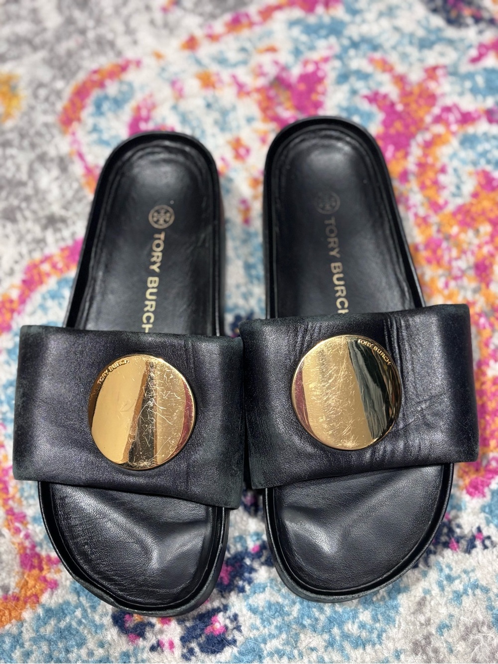 Tory Burch Black Leather Slide Mules with Gold Medallion
